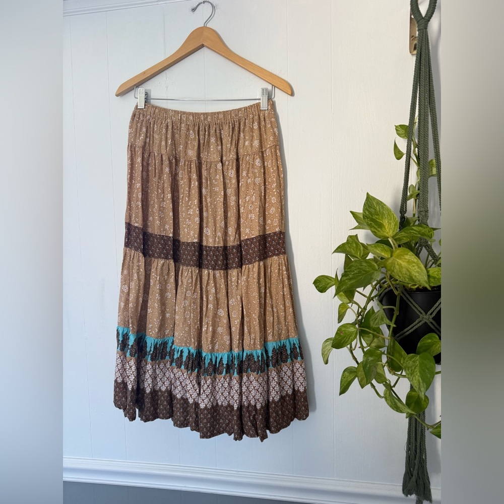 Y2K Tiered Western Cottage Boho Whimsy Cowgirl Midi Skirt Floral Teal Brown Tan